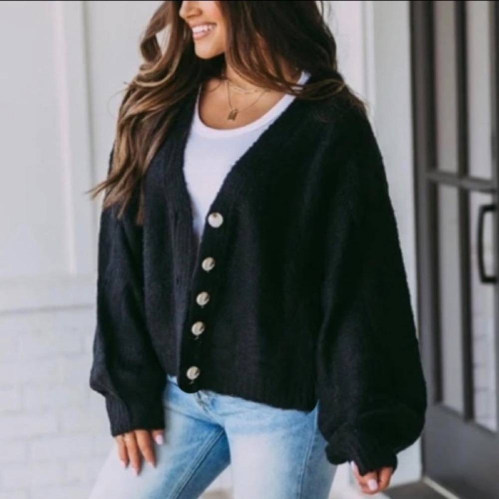 New Black Button Down Balloon Sleeve Cardigan